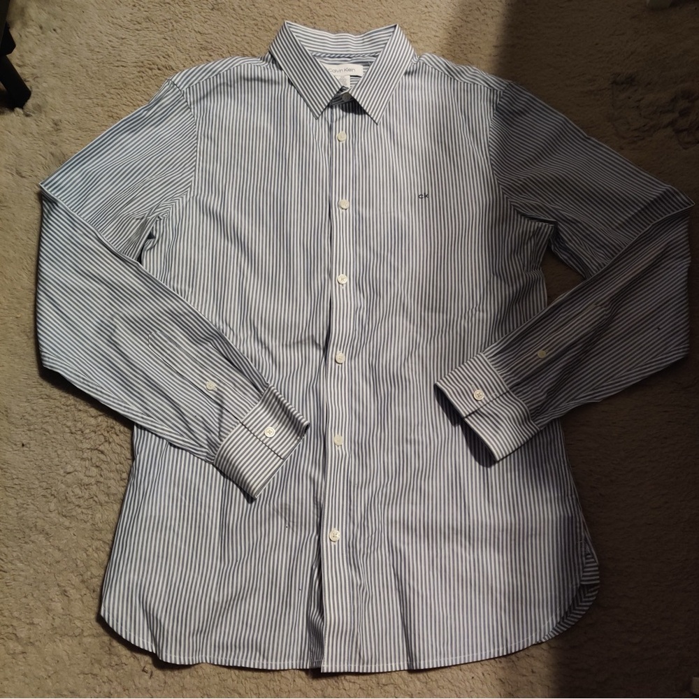Calvin Klein Men's White and Blue Striped Dress Shirt